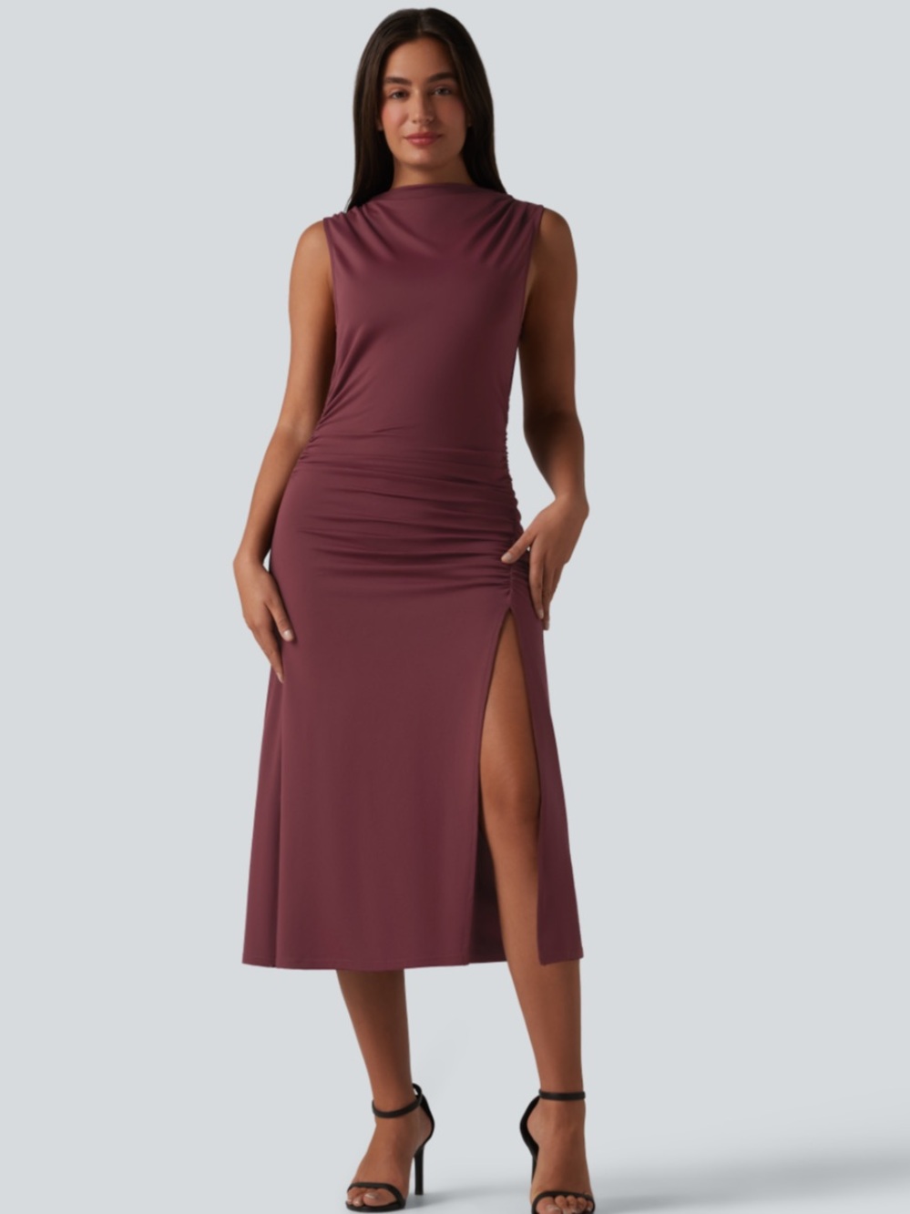 HALARA Mauve Plum Sleeveless Ruched Midi Dress with High Slit